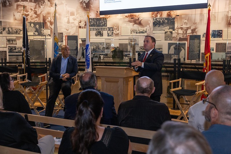 Commissioner Vincent Solomeno and Senator Cory Booker at a Veterans Town Hall at the New Jersey Vietnam Veterans Memorial and Museum in Holmdel.